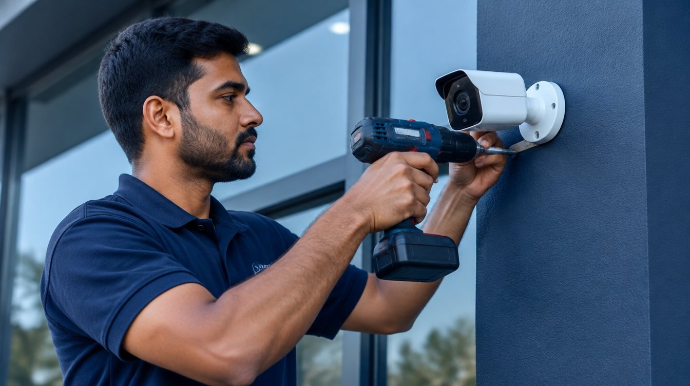 DC Metro IT Help technician installing an outdoor IP security camera