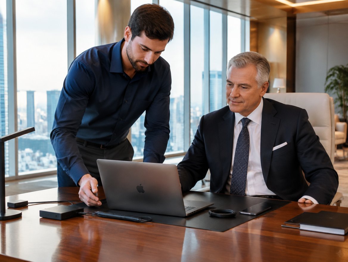 DC Metro IT Help technician setting up a laptop for an executive in a corner office