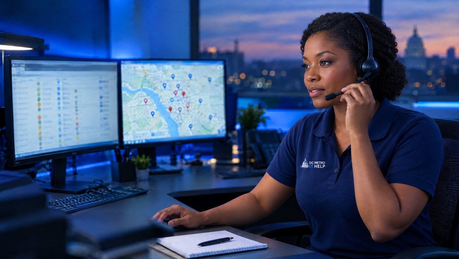 DC Metro IT Help dispatcher on a headset tracking technicians on a DMV map, with the Capitol at dusk behind her