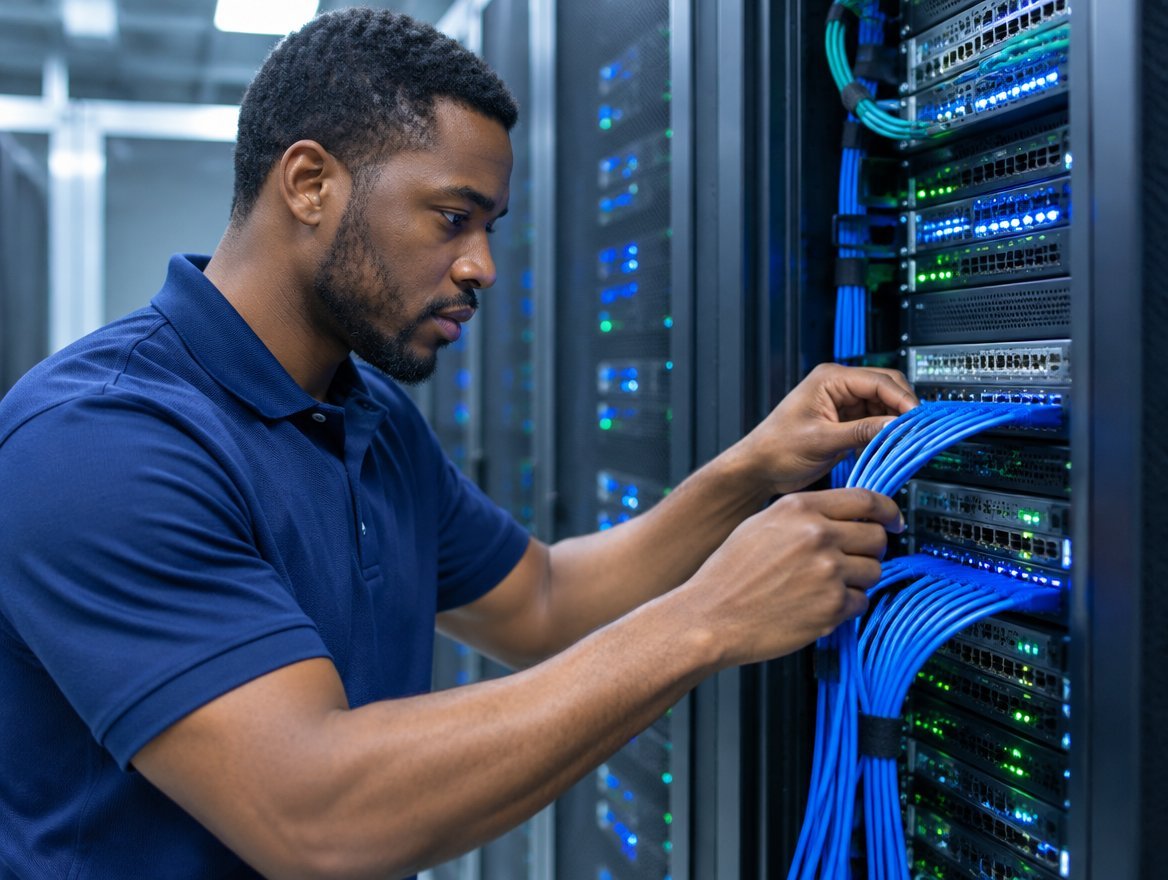 DC Metro IT Help technician patching blue Cat6 cables into switches in a data center server rack