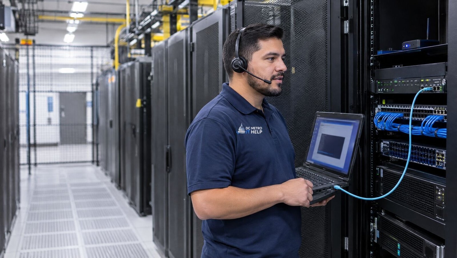 DC Metro IT Help technician on console to a rack router, giving a remote engineer access from his laptop in a server room