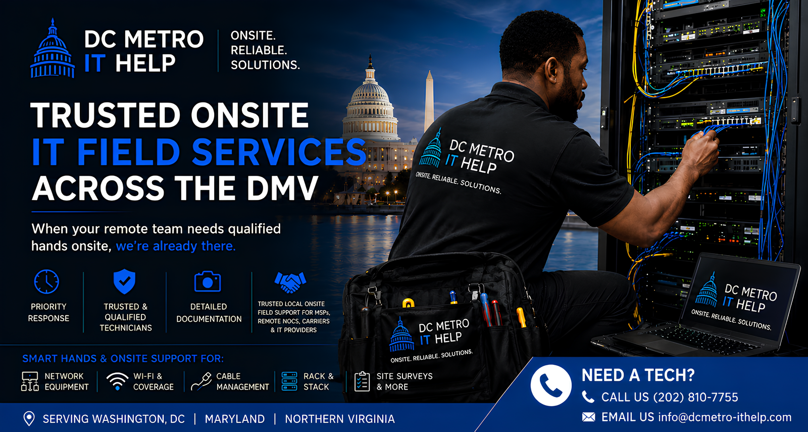 DC Metro IT Help technician working in a network rack in Washington DC — onsite IT smart hands field services across DC, Maryland, and Northern Virginia.