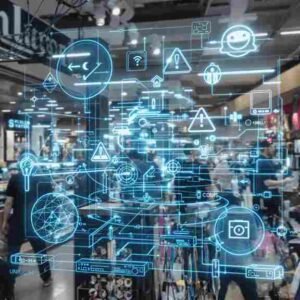 Modern retail store interior with network cables and router, overlaid with unstable internet icons, representing intermittent connectivity issues.