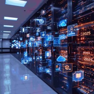 Modern server room with organized network cables, glowing switches, and digital icons for internet, cloud computing, and data analytics.