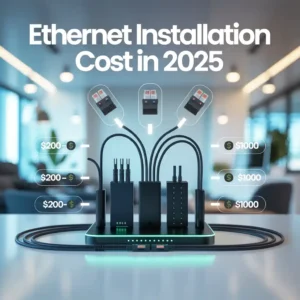 Futuristic infographic cover image showing "Ethernet Installation Cost in 2025" with smart office setup, Ethernet cables, routers, and price tags ranging from $200 to $1000 in a modern layout.