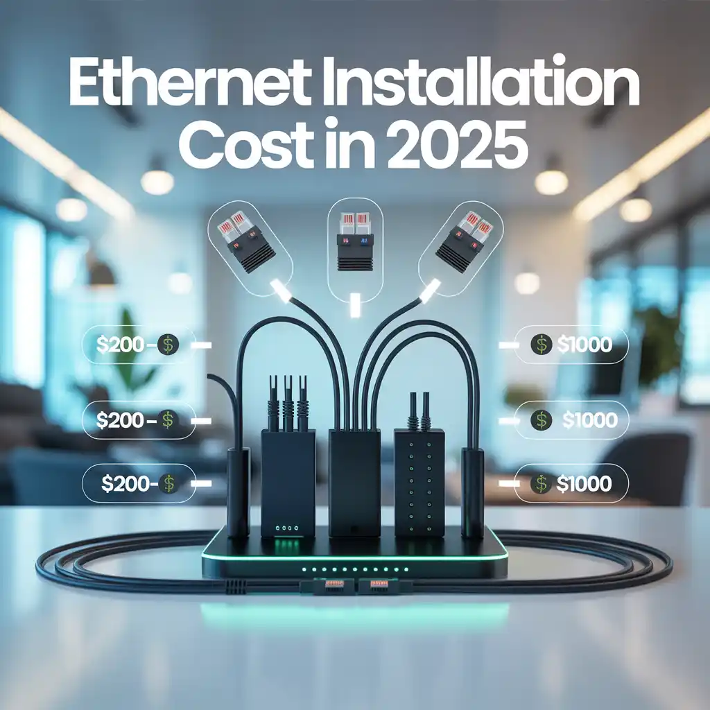 Futuristic infographic cover image showing "Ethernet Installation Cost in 2025" with smart office setup, Ethernet cables, routers, and price tags ranging from $200 to $1000 in a modern layout.
