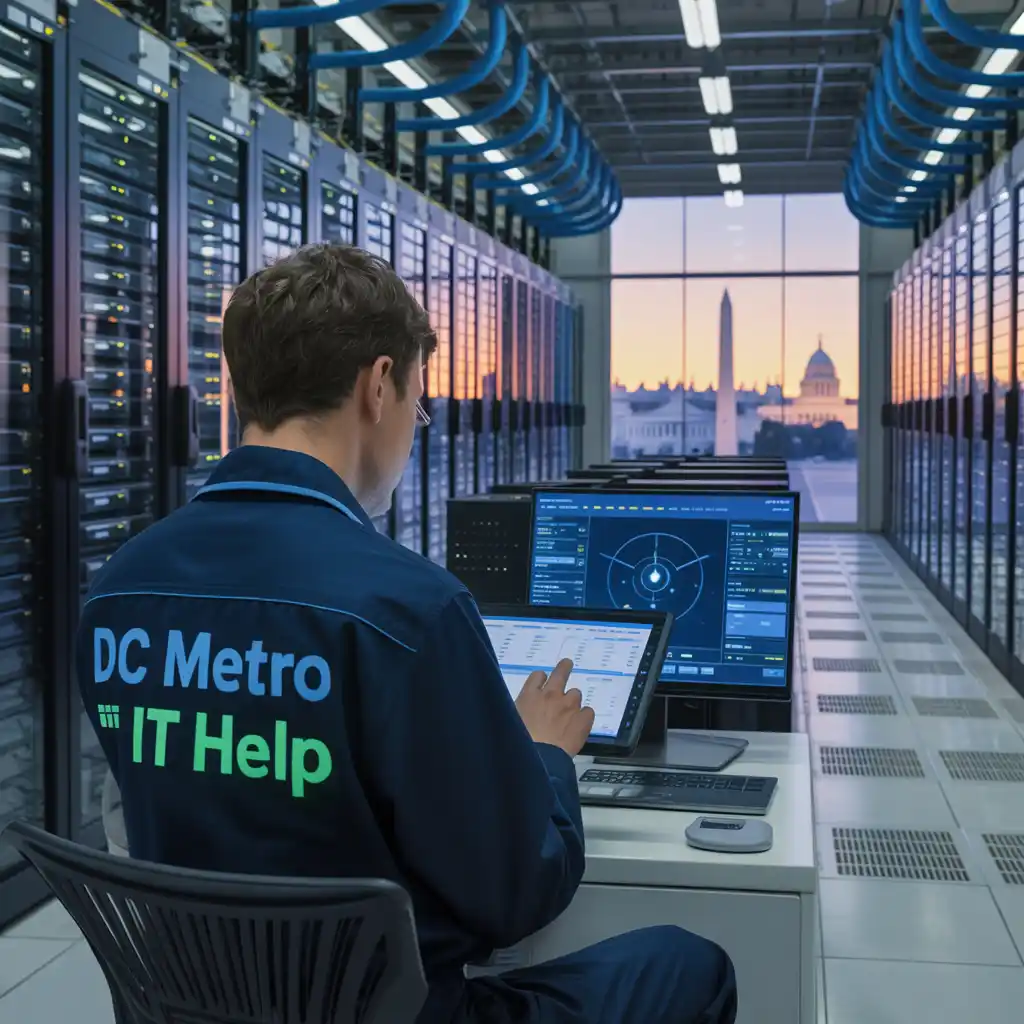 "Data center support technician in navy blue DC Metro IT Help uniform providing server maintenance services in modern Washington DC data center with server racks, monitoring displays, and DC skyline visible through windows"